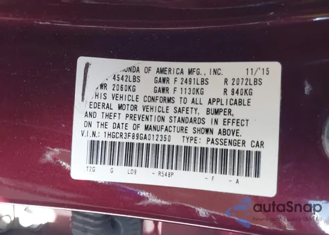 2016 Honda Accord Ex-L V-6 from USA, damaged, VIN 1HGCR3F89GA012350
